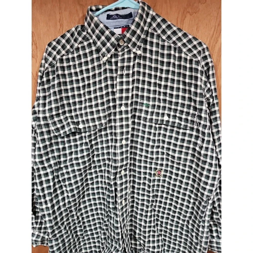 VTG‎ Tommy Hilfiger Shirt Mens Small Button Up Green White Plaid - Picture 2 of 9